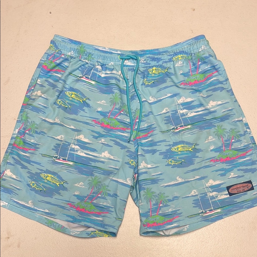 Vineyard Vines Blue and Green Swim Trunks with Aquatic Pattern